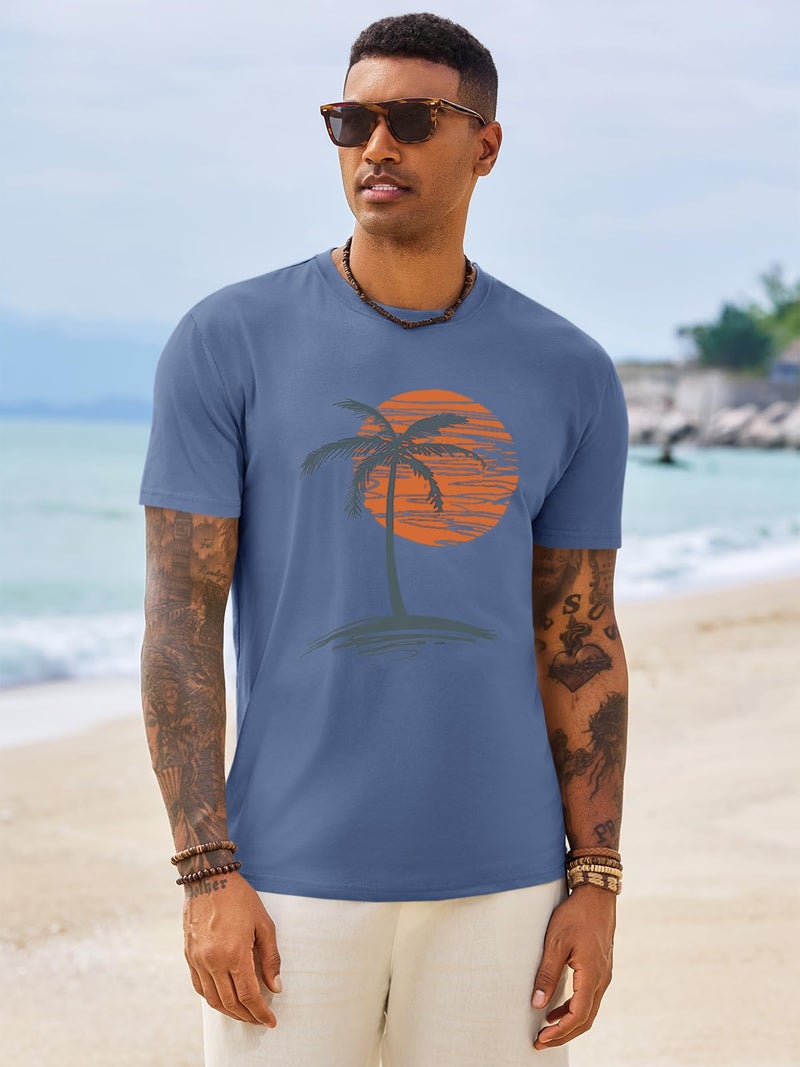 Runcati Mens Short Sleeve T-Shirts Crew Neck Casual Shirt Summer Beach Palm Tree Vintage Hawaiian Tees Blue - Image 2