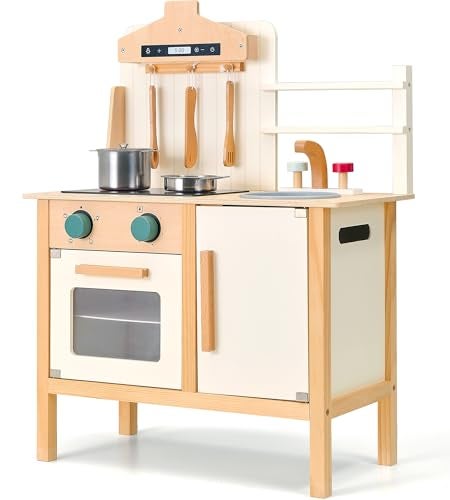 PairPear Wooden Play Kitchen for Kids Adjustable Height Wooden Toys Kids Kitchen Playset Mordern Designed Toys Kitchen Gift with Play Food Kitchen Accessoires for 3Y - Image 1