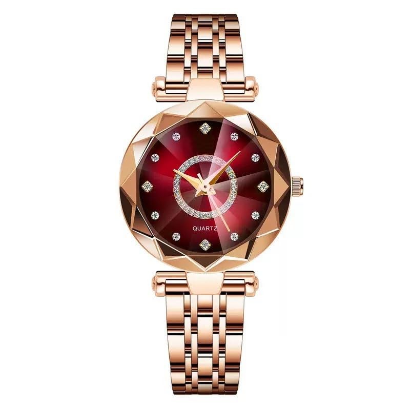 Reginald Women Watches with Bracelet Rose Gold for Lady Elegant Stainless Steel Strap Fashion Analog Creative Diamond Dial Wrist Watch (Red 2) - Image 3