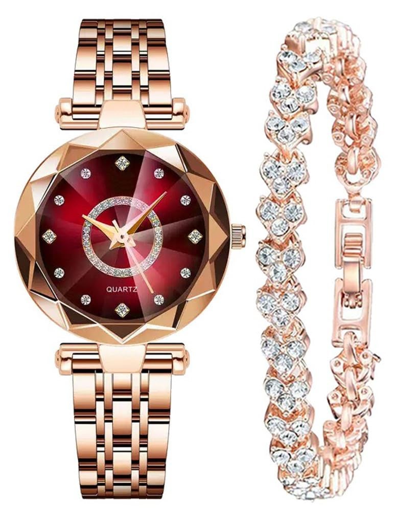 Reginald Women Watches with Bracelet Rose Gold for Lady Elegant Stainless Steel Strap Fashion Analog Creative Diamond Dial Wrist Watch (Red 2) - Image 1