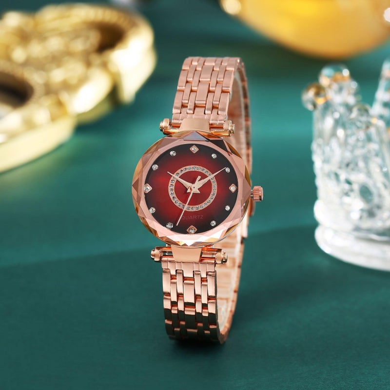 Reginald Women Watches with Bracelet Rose Gold for Lady Elegant Stainless Steel Strap Fashion Analog Creative Diamond Dial Wrist Watch (Red 2) - Image 5