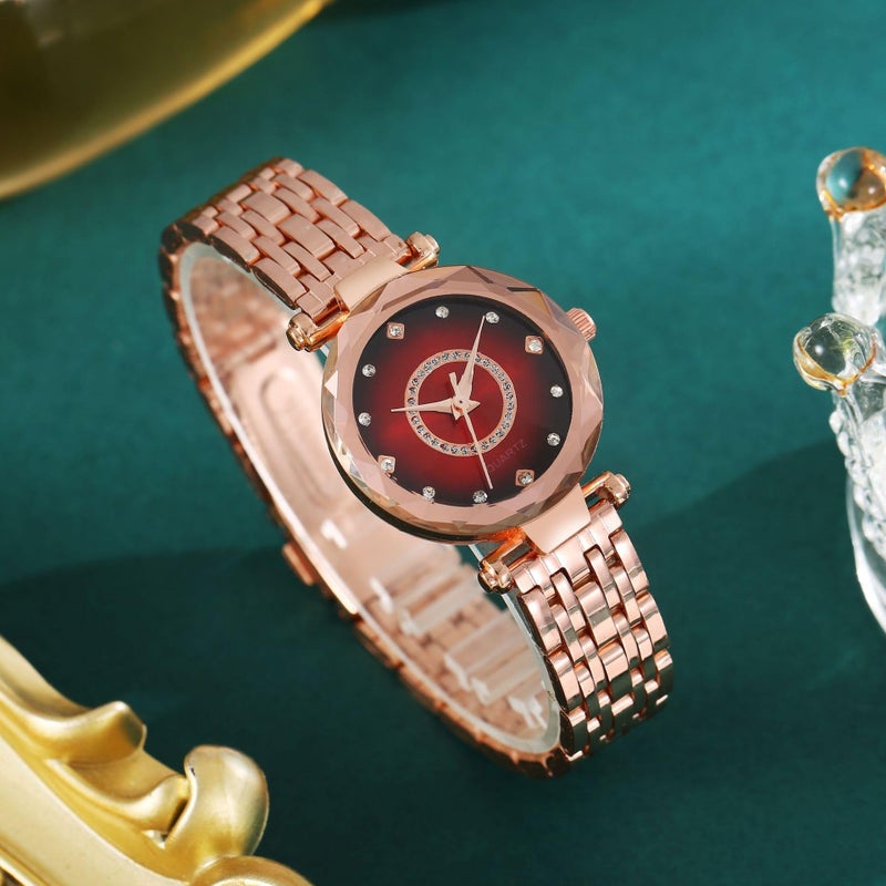 Reginald Women Watches with Bracelet Rose Gold for Lady Elegant Stainless Steel Strap Fashion Analog Creative Diamond Dial Wrist Watch (Red 2) - Image 2
