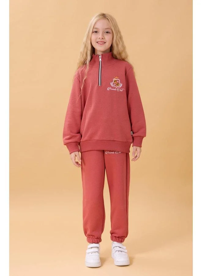 Perendi Girl's High-Collar Zippered Embroidered Seasonal Tracksuit Set in Brick Color.