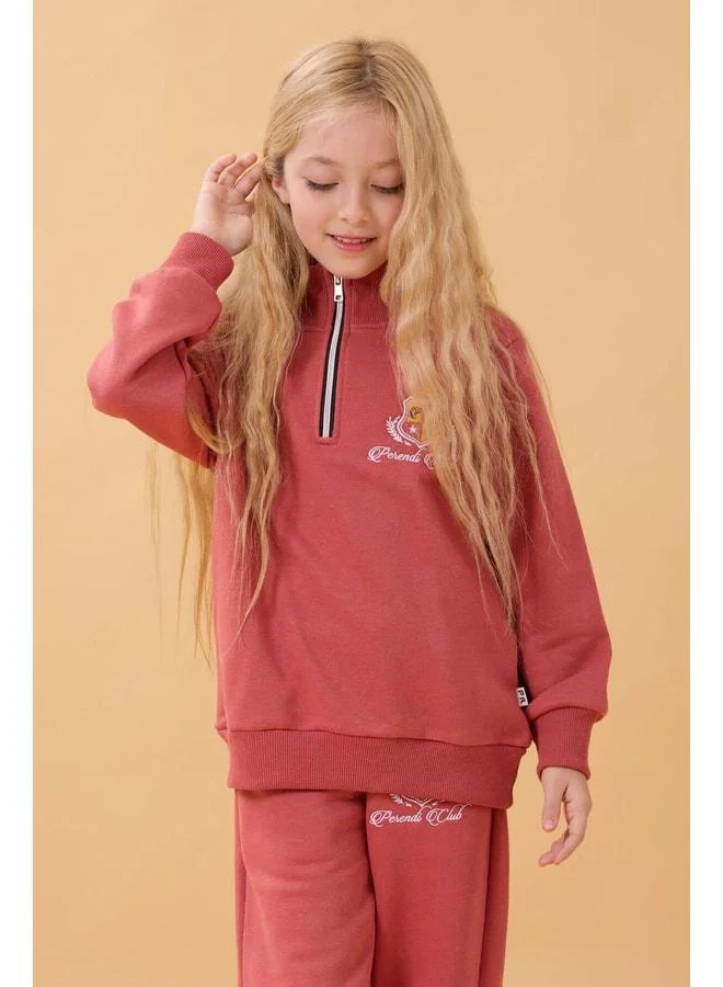 Perendi Girl's High-Collar Zippered Embroidered Seasonal Tracksuit Set in Brick Color.