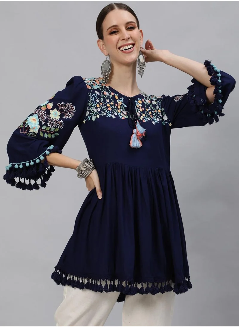 آي شين Women Navy Blue Embroidered A-Line Top