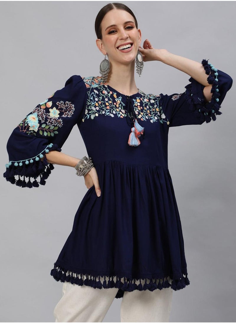 ISHIN Regular Fit Embroidered Pattern Round Neck Neck Three-Quarter Sleeve Navy Blue Colour Knitted Cotton Tops for Women - A Must-Have for Every Wardrobe  - Image 1