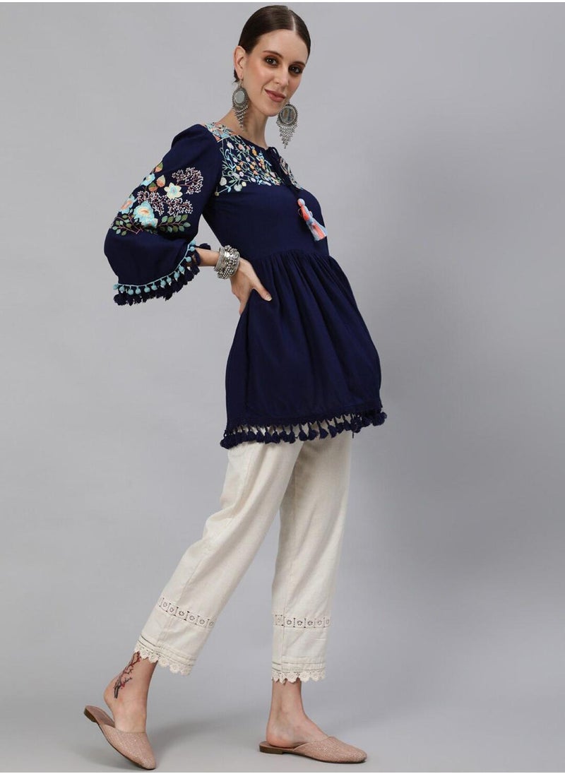 ISHIN Regular Fit Embroidered Pattern Round Neck Neck Three-Quarter Sleeve Navy Blue Colour Knitted Cotton Tops for Women - A Must-Have for Every Wardrobe  - Image 5
