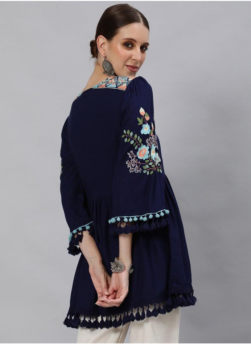 ISHIN Regular Fit Embroidered Pattern Round Neck Neck Three-Quarter Sleeve Navy Blue Colour Knitted Cotton Tops for Women - A Must-Have for Every Wardrobe  - Image 3