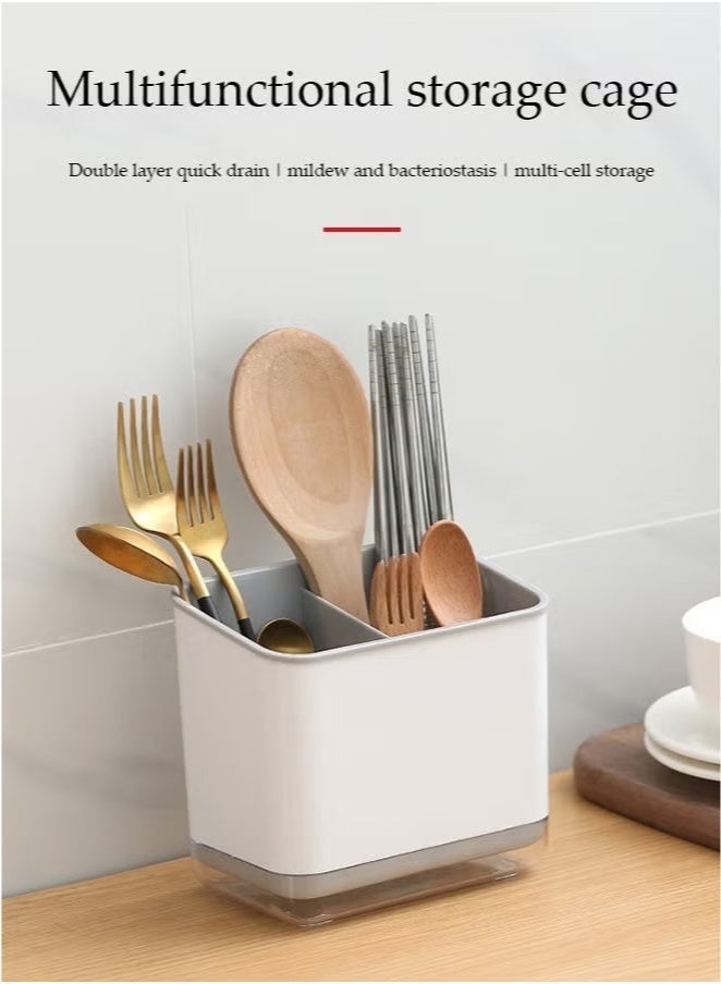 Arabest Kitchen Cutlery Rack, Multifunctional Household Storage Box With Three Compartments And Drain Pan, Detachable, Suitable For Storing Chopsticks, Spoons And Forks (15*10*14CM) - Image 4