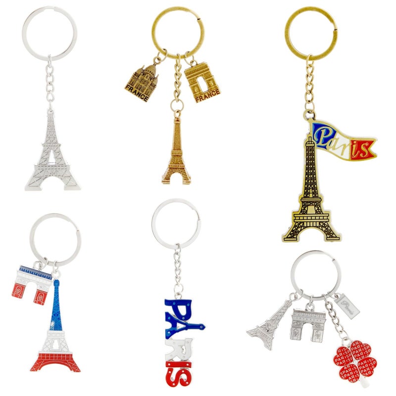 Juvale Juvale 6 Pack Paris Keychain, France Souvenir Gift, Eiffel Tower, French Flag, and Arc de Triomphe Metal Key Rings, Ideal Paris Souvenirs from France, Silver/Bronze  - Image 1