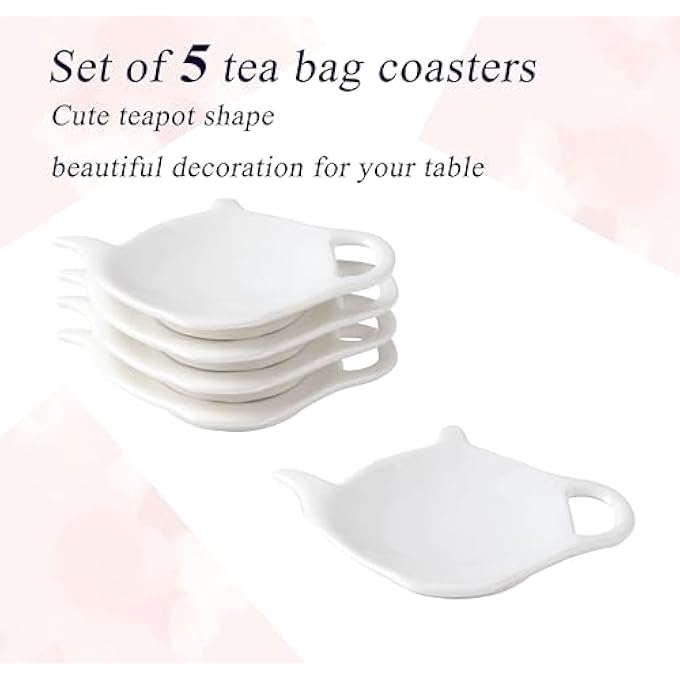 ريحني طبق أكياس شاي من البورسلين الأبيض، خمس قطع من قواعد أكياس الشاي، حامل أكياس شاي مستعمل، وسادة مسند ملاعق شاي كلاسيكية، طبق مسند أكياس شاي، حفل شاي - Image 3