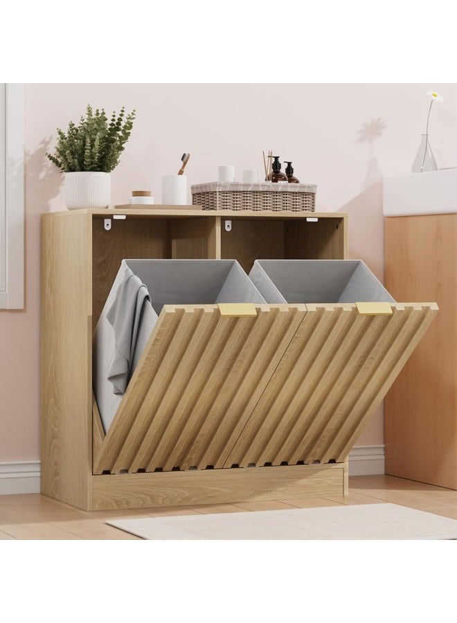 Smuxee Double Tilt Out Laundry Hamper Cabinet, Hidden Laundry Cabinet with Double Baskets, Natural Trash Can with Fluted Doors for Bathroom, Kitchen - Image 1
