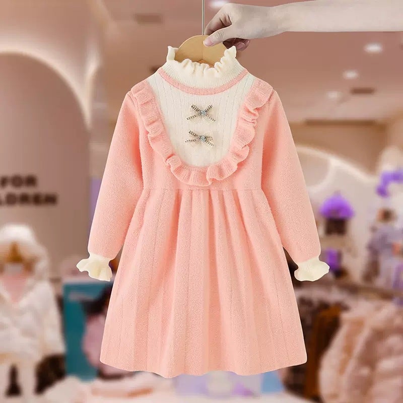 Girls Knitted dress Autumn and Winter New Western Style Autumn Little Girls Korean Princess Skirt Sweater Dress Autumn Dress Pink