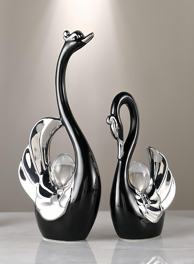 XINDAM A Pair of Swan Figurines Swans Statue with Crystal Ball Model Home Office Display Decorative Craft Living Room Decor (Black) - Image 2