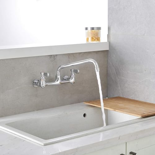 BWE Kitchen Faucet Wall Mount with 10 Inch Swivel Spout 8" Center Commercial Sink 2-Handle Faucet Mixer Tap Polish Chrome Laundry Faucet Commercial Kitchen Faucet - Image 4