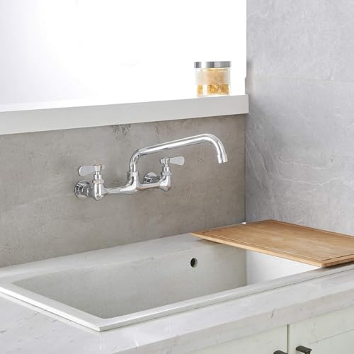 BWE Kitchen Faucet Wall Mount with 10 Inch Swivel Spout 8" Center Commercial Sink 2-Handle Faucet Mixer Tap Polish Chrome Laundry Faucet Commercial Kitchen Faucet - Image 2