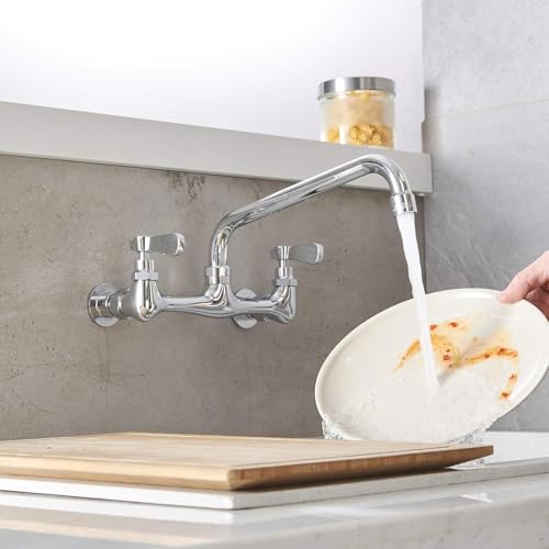 BWE Kitchen Faucet Wall Mount with 10 Inch Swivel Spout 8" Center Commercial Sink 2-Handle Faucet Mixer Tap Polish Chrome Laundry Faucet Commercial Kitchen Faucet - Image 5