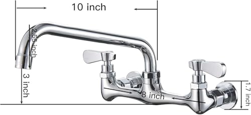BWE Kitchen Faucet Wall Mount with 10 Inch Swivel Spout 8" Center Commercial Sink 2-Handle Faucet Mixer Tap Polish Chrome Laundry Faucet Commercial Kitchen Faucet - Image 3