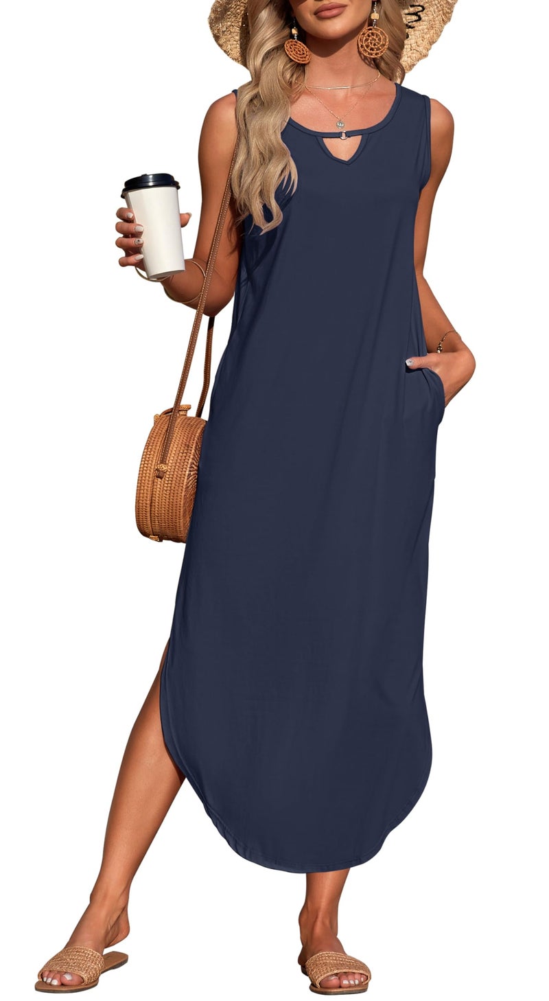 MISFAY Women's Summer Maxi Dress Sleeveless Loose Long Beach Split Dresses with Pockets(Navy Blue,L) - Image 1