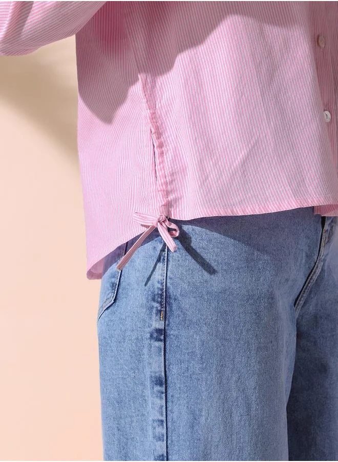 Dennis Lingo Women pink relaxed fit striped full sleeves button down cotton blend shirts with button closure featuring a spread collar- your next go-to for effortless flair.