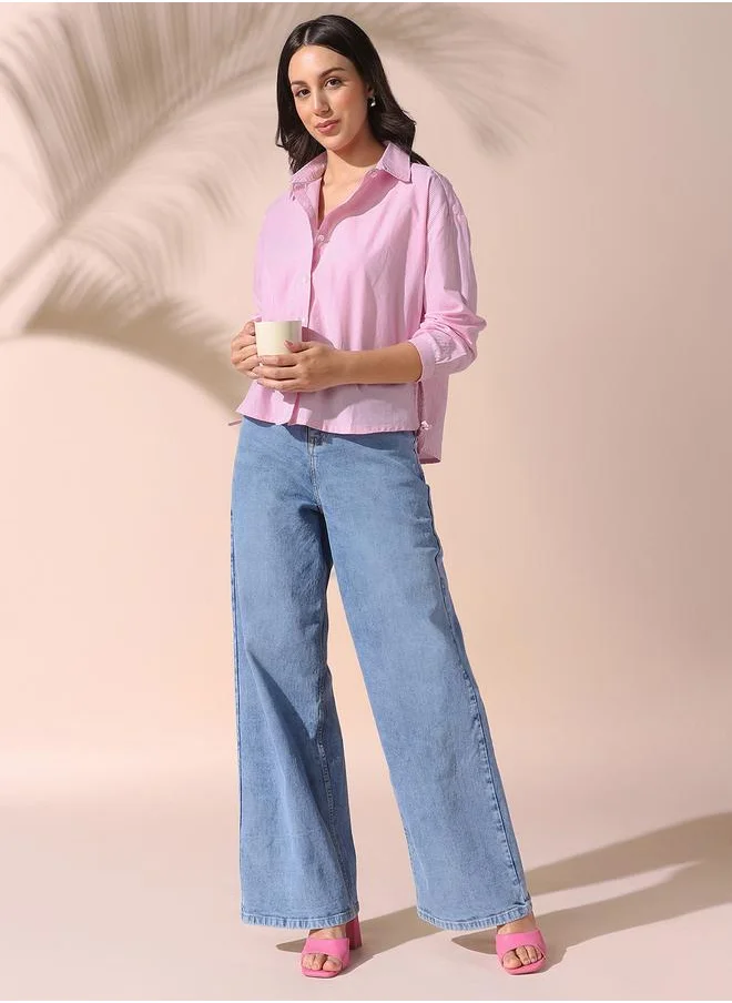Dennis Lingo Women pink relaxed fit striped full sleeves button down cotton blend shirts with button closure featuring a spread collar- your next go-to for effortless flair.