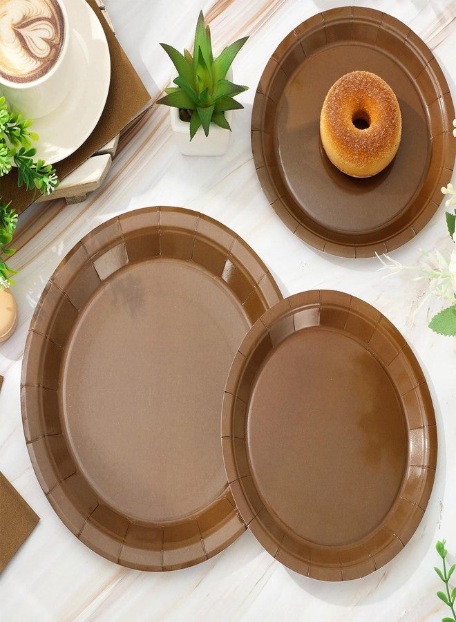 Whaline 100Pcs Brown Tableware Set Fall Disposable Dinnerware Set 50Pcs Paper Plates 25Pcs Napkin 25Pcs Cups for Wedding Birthday Bride Shower Party Supplies Table Decor - Image 3