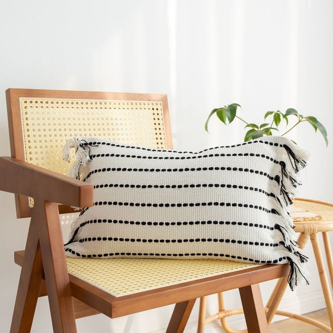 Decorative Boho Lumbar Tassel Throw Pillow Covers Rectangle Woven Cotton Cushion Cover Striped Pillowcases for Couch Sofa Bedroom Living Room Black and White 12 x 20 Inch