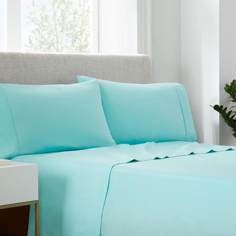Serta Simply Clean Super Soft Hypoallergenic Stain Resistant Deep Pocket 3 Pieces Solid Bed Sheet Set, Twin, Turquoise - Image 1
