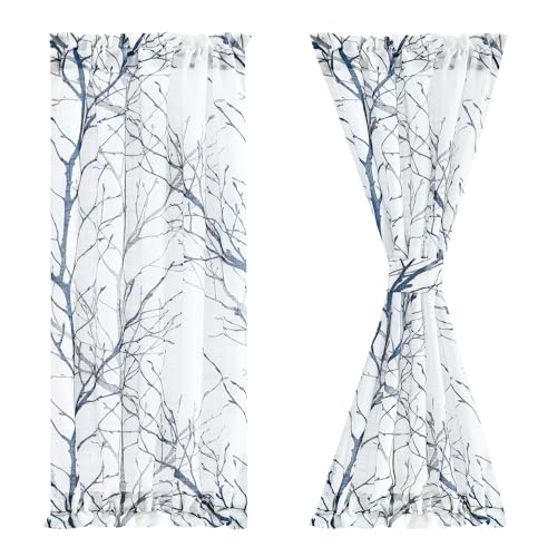 FMFUNCTEX Sheer French Door Curtains 40 Inches Long Blue White SemiSheer Patio Half Door Panel Branch Tree Print Curtains for Glass Door with 1 Tieback 50 Inches Wide 1 Panel