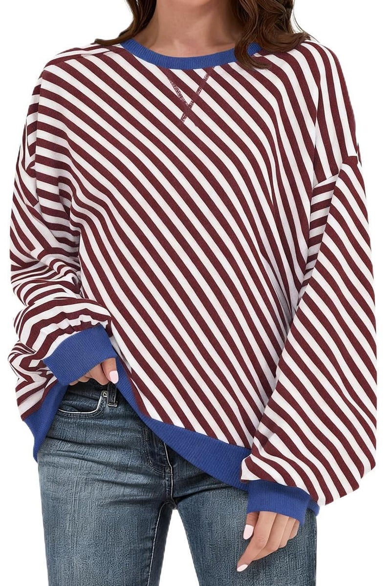 UEU Womens Long Sleeve Sweatshirts Oversized Crewneck Pullover Fall Loose Fit Y2K Tops Coffee Striped Small - Image 1