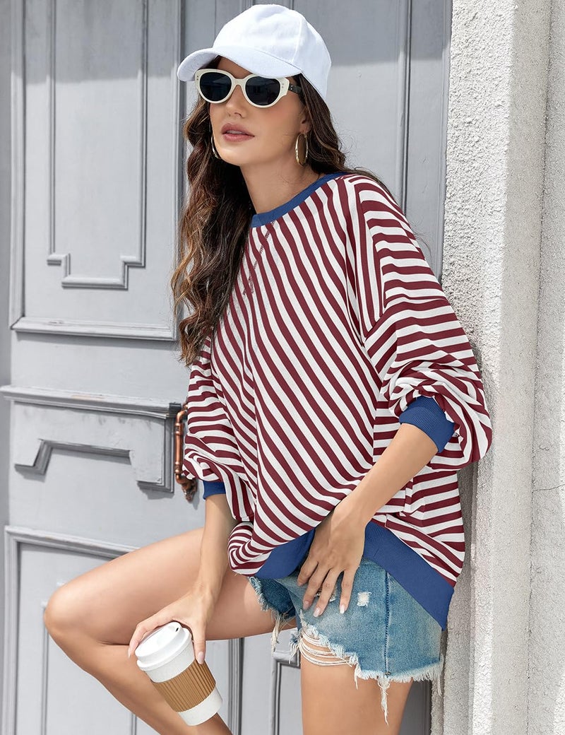 UEU Womens Long Sleeve Sweatshirts Oversized Crewneck Pullover Fall Loose Fit Y2K Tops Coffee Striped Small - Image 3