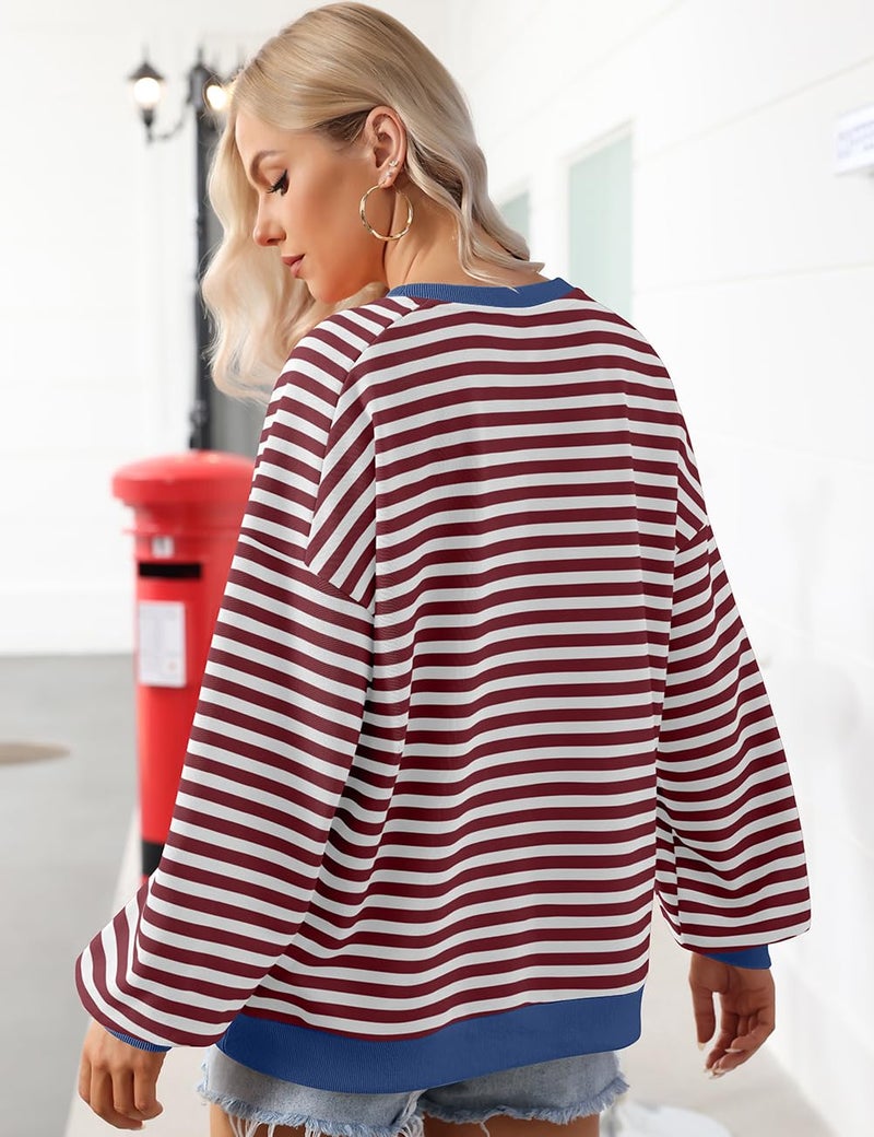 UEU Womens Long Sleeve Sweatshirts Oversized Crewneck Pullover Fall Loose Fit Y2K Tops Coffee Striped Small - Image 4