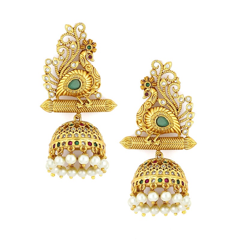 Rubans Women's & Girl's 22K Gold-Plated Emerald & Cubic Zirconia Studded Temple Jhumkas with Pearl Drops - Image 4
