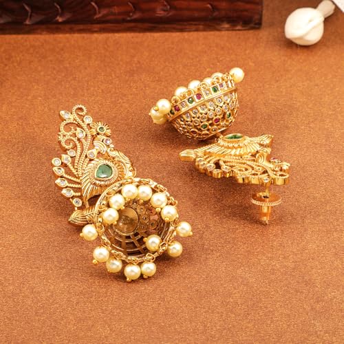 Rubans Women's & Girl's 22K Gold-Plated Emerald & Cubic Zirconia Studded Temple Jhumkas with Pearl Drops - Image 2