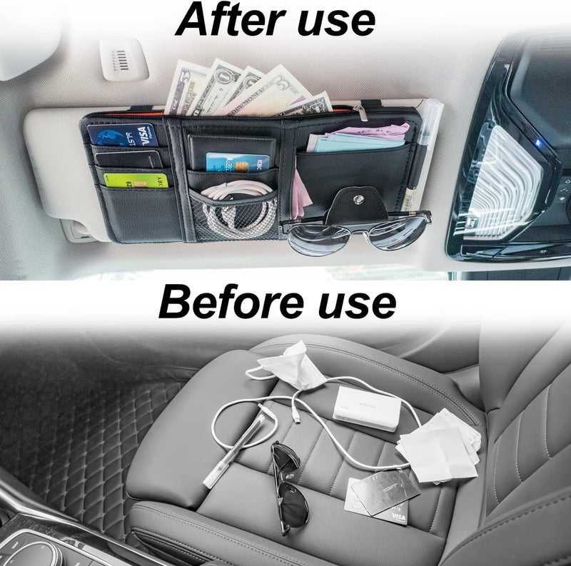 SARTE Car Sun Visor Automobiles Organizer Multi-Function Car Space With Multi-Pocket Net Zipper Car Storage Organizer And Sunglass Holder PU Leather For Car (Black) - Image 5