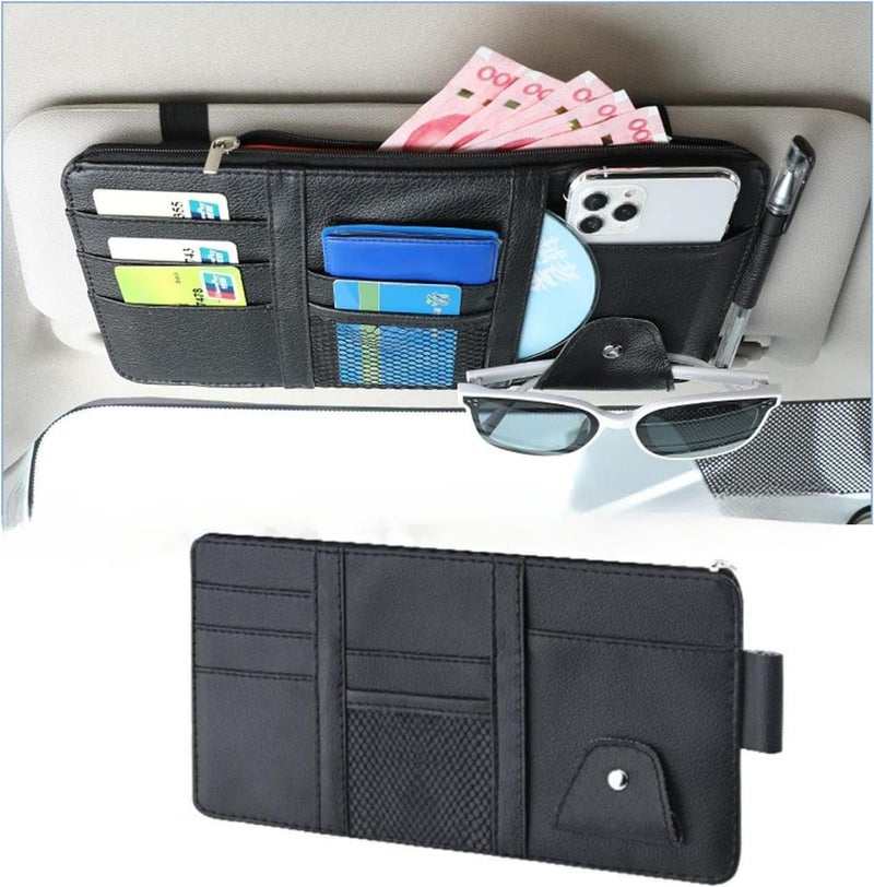 SARTE Car Sun Visor Automobiles Organizer Multi-Function Car Space With Multi-Pocket Net Zipper Car Storage Organizer And Sunglass Holder PU Leather For Car (Black) - Image 1