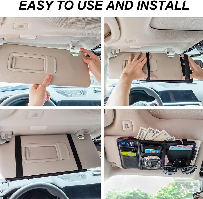 SARTE Car Sun Visor Automobiles Organizer Multi-Function Car Space With Multi-Pocket Net Zipper Car Storage Organizer And Sunglass Holder PU Leather For Car (Black) - Image 3