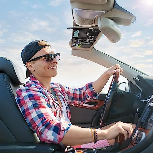 SARTE Car Sun Visor Automobiles Organizer Multi-Function Car Space With Multi-Pocket Net Zipper Car Storage Organizer And Sunglass Holder PU Leather For Car (Black) - Image 4