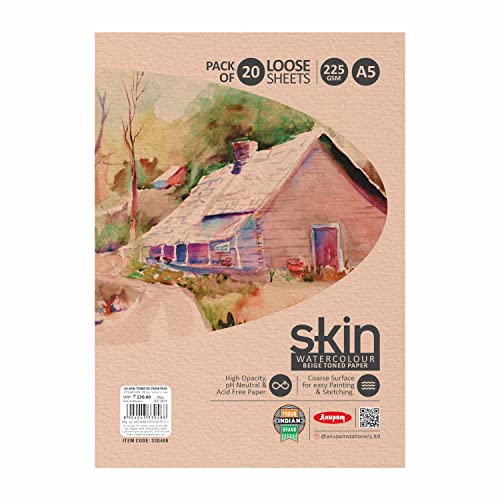 Anupam Skin Watercolour Beige Toned Paper - Acid Free - Cold Press Paper - 20 Loose Sheet - 225 GSM - A5 - Image 1