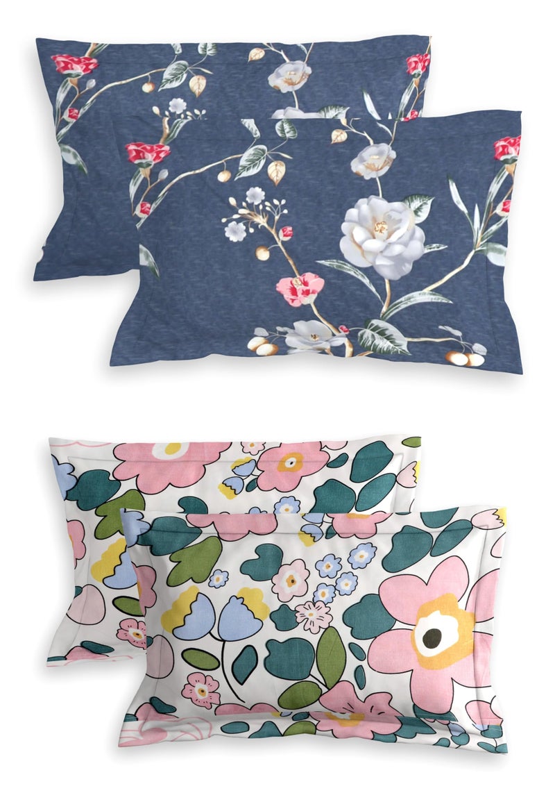 RD TREND® Glace Cotton Assorted Pillow Cover Set of 2 (4 Pcs) – Premium 210 TC, Standard Size 18"x28" | Soft & Breathable Floral Printed Design for Bedroom |Grey&Pink - Image 1