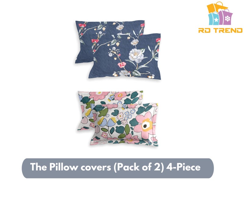 RD TREND® Glace Cotton Assorted Pillow Cover Set of 2 (4 Pcs) – Premium 210 TC, Standard Size 18"x28" | Soft & Breathable Floral Printed Design for Bedroom |Grey&Pink - Image 2