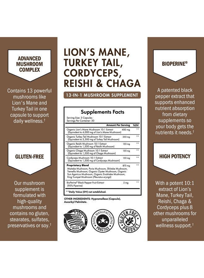 بيو شوارتز مجمع فطر بيوشوارتز - كبسولة مكمل غذائي عضوي من عرف الأسد مع الريشي، وذيل الديك الرومي، والكورديسيبس، والشيتاكي، والشاجا، والفلفل الأسود لأقصى امتصاص - يدعم الطاقة، والتركيز، والذاكرة، 90 كبسولة - Image 3