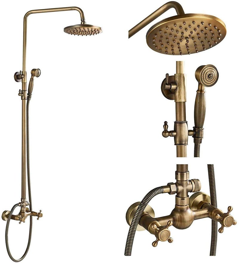 NeierThodore Antique Brass Bathroom Shower Faucet System Set 8 Inch Rainfall Shower Head Handheld Spray 2 Knobs Mixing - Image 1