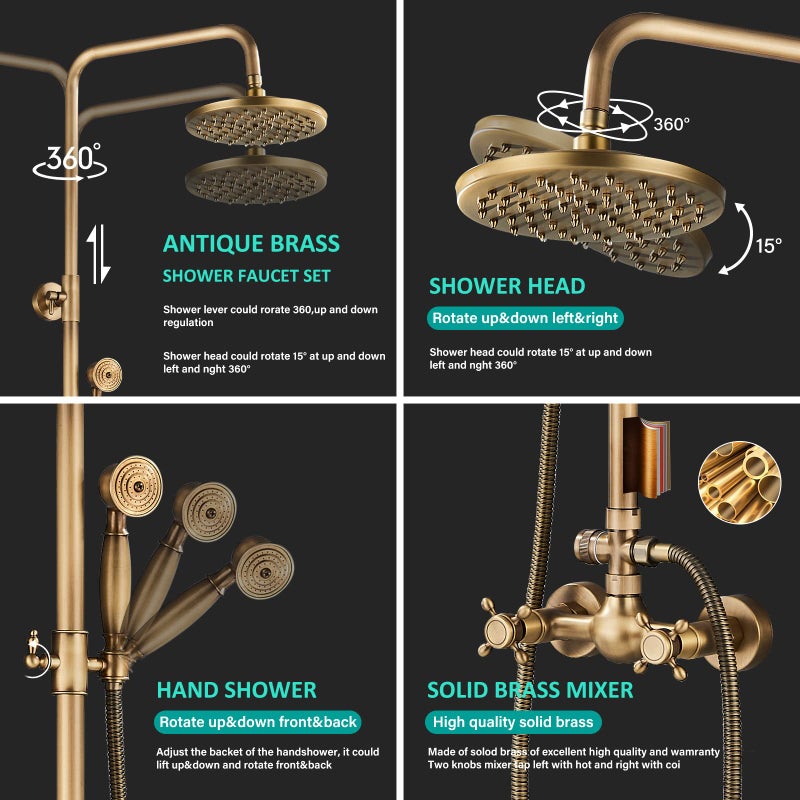 NeierThodore Antique Brass Bathroom Shower Faucet System Set 8 Inch Rainfall Shower Head Handheld Spray 2 Knobs Mixing - Image 3