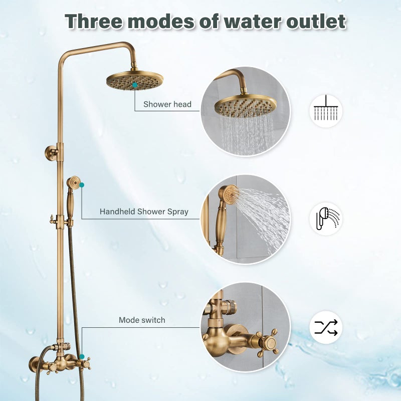 NeierThodore Antique Brass Bathroom Shower Faucet System Set 8 Inch Rainfall Shower Head Handheld Spray 2 Knobs Mixing - Image 2