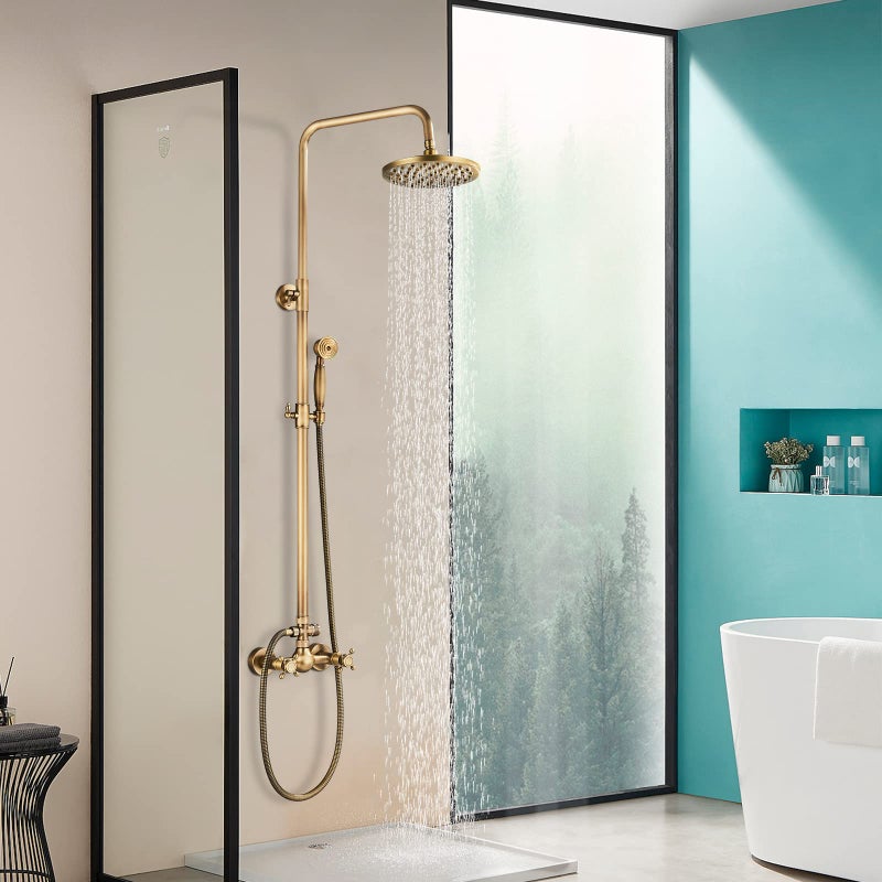 NeierThodore Antique Brass Bathroom Shower Faucet System Set 8 Inch Rainfall Shower Head Handheld Spray 2 Knobs Mixing - Image 4