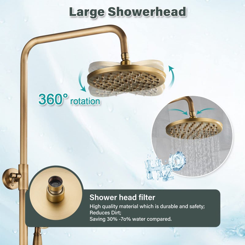 NeierThodore Antique Brass Bathroom Shower Faucet System Set 8 Inch Rainfall Shower Head Handheld Spray 2 Knobs Mixing - Image 5