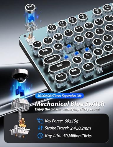Taiahiro Typewriter Style Mechanical Gaming Keyboard Blue Switch, Rainbow LED Backlit Wired Computer Keyboards Mouse and Pad Combo, Metal Panel Retro Punk Round Keycaps, 104 Keys Anti-Ghost for PC Laptop Gamer - Image 3