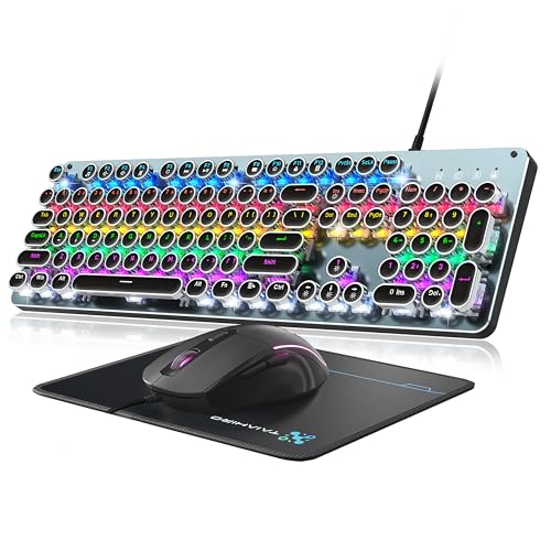 Taiahiro Typewriter Style Mechanical Gaming Keyboard Blue Switch, Rainbow LED Backlit Wired Computer Keyboards Mouse and Pad Combo, Metal Panel Retro Punk Round Keycaps, 104 Keys Anti-Ghost for PC Laptop Gamer - Image 1