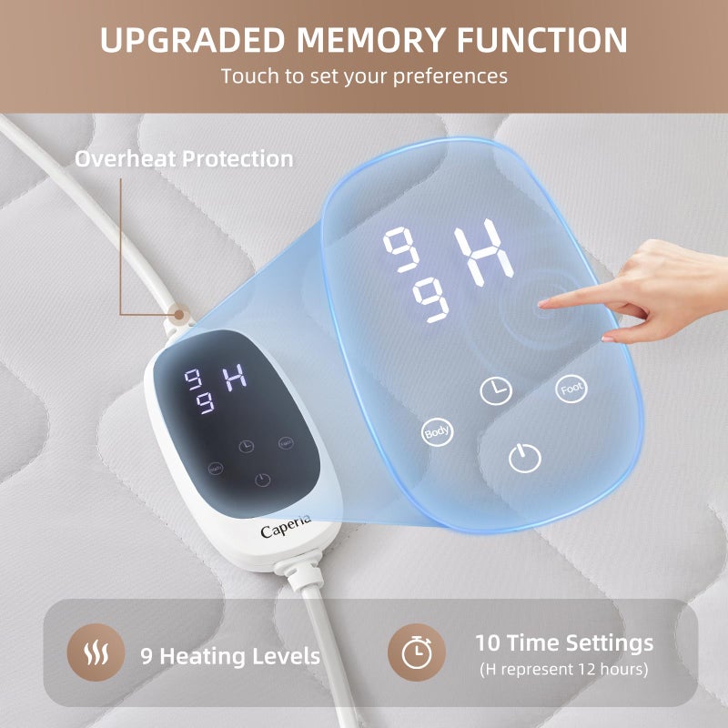 Caperia Heated Mattress Pad Quilted Multizone Electric Mattress pad Individual Body & Feet Bed Warmer 9 Heat Settings 1-12 Hours Auto Off Deep Pocket Fast Heating Machine Washable Twin Plus 39''x80'' - Image 3